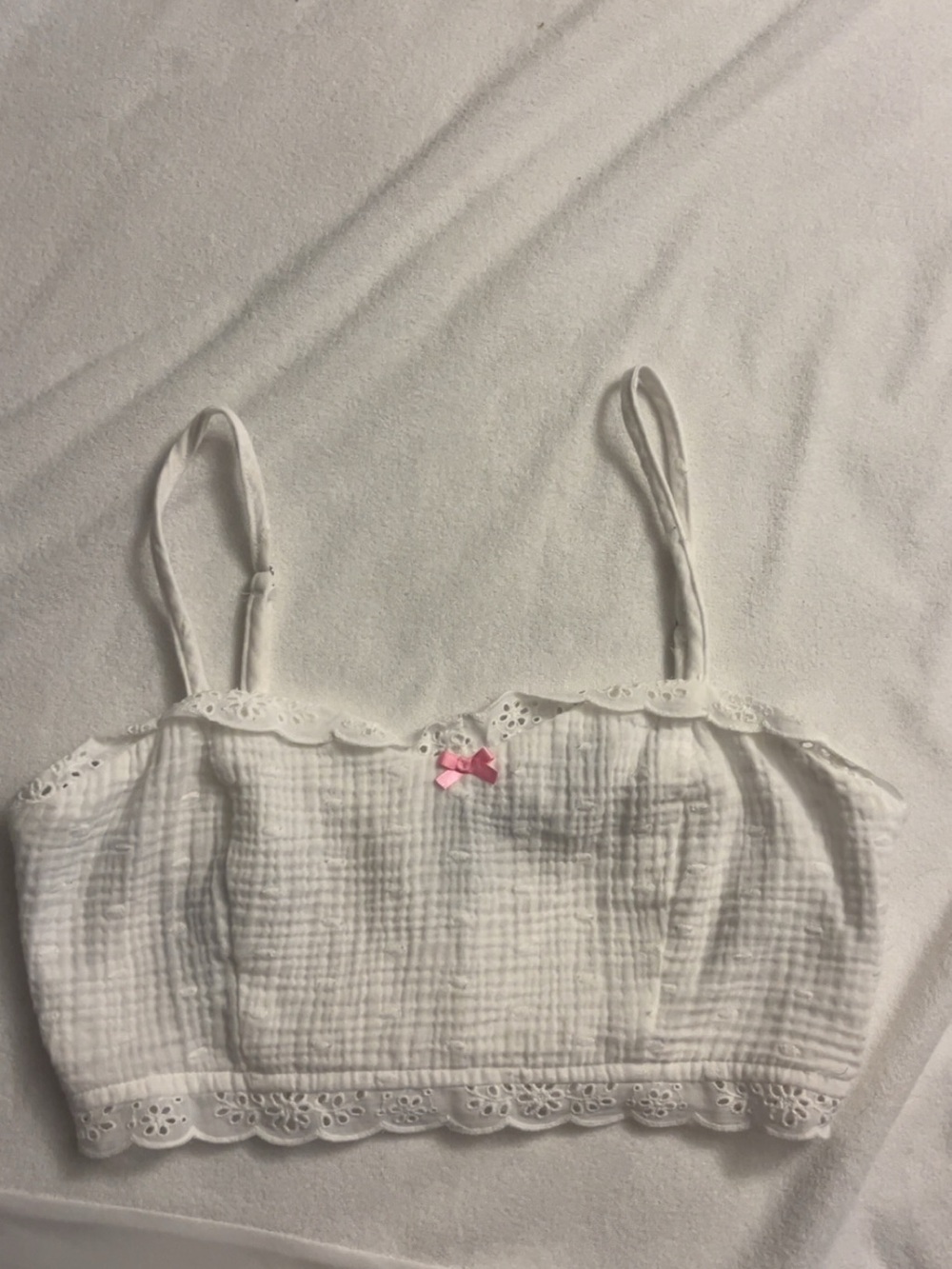 White Cotton Eyelet Bralette with Pink Bow